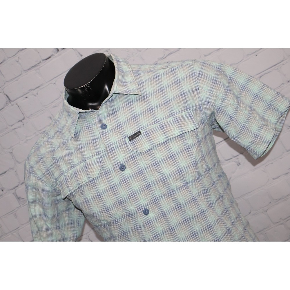 Columbia Fishing Shirt Mens Medium Blue Green Plaid Vented Omni-Wick Camping